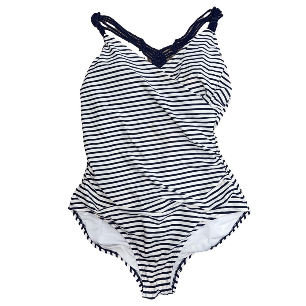 Kona sol- White and navy striped one piece swimsuit